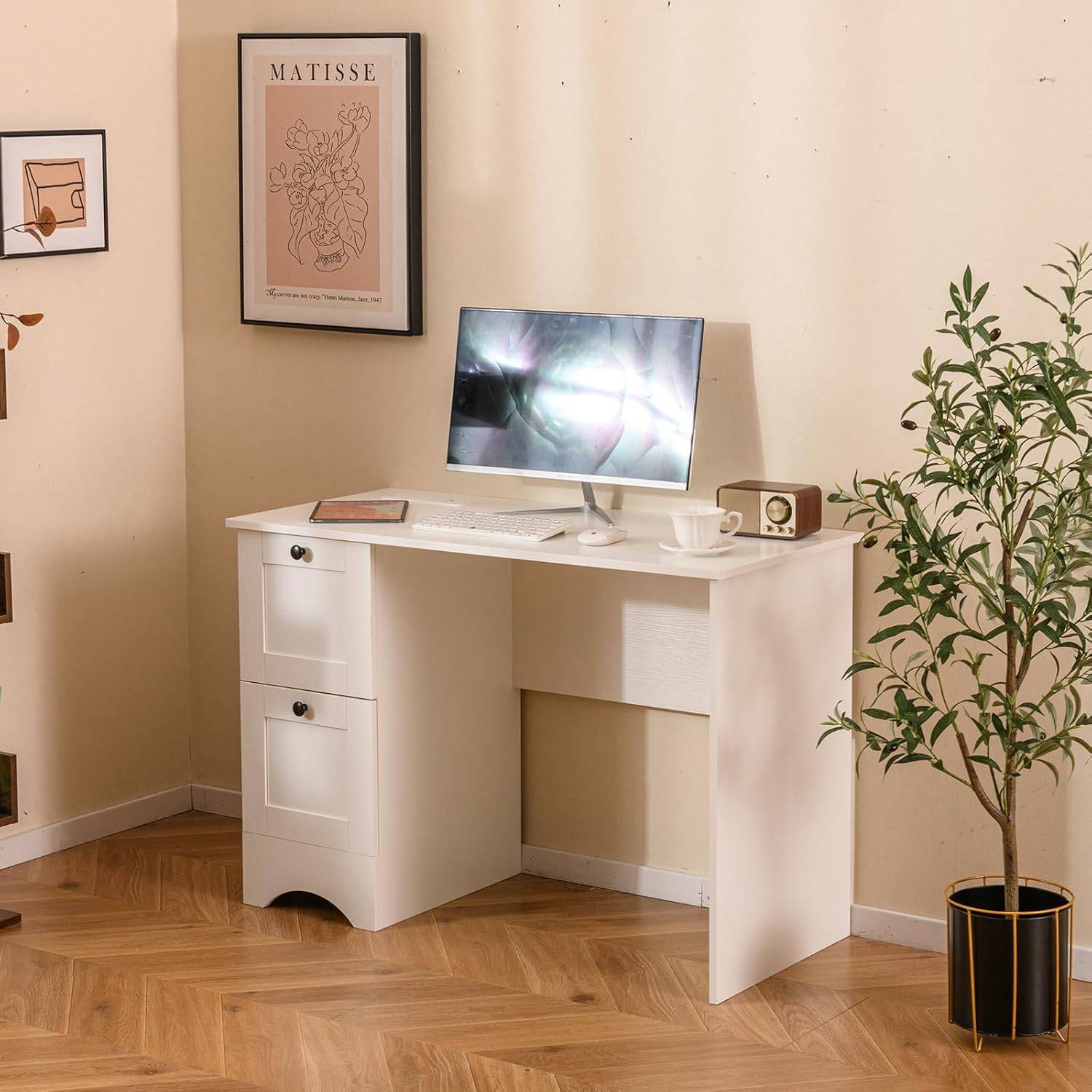 COSTWAY Bureau Blanc pour Ordinateur, Bureau Informatique avec Plateau Clavier Coulissant et Un Grand Tiroir, Étagère Réglable & Amovible, Table de Bureau pour Bureau, Chambre, Studio