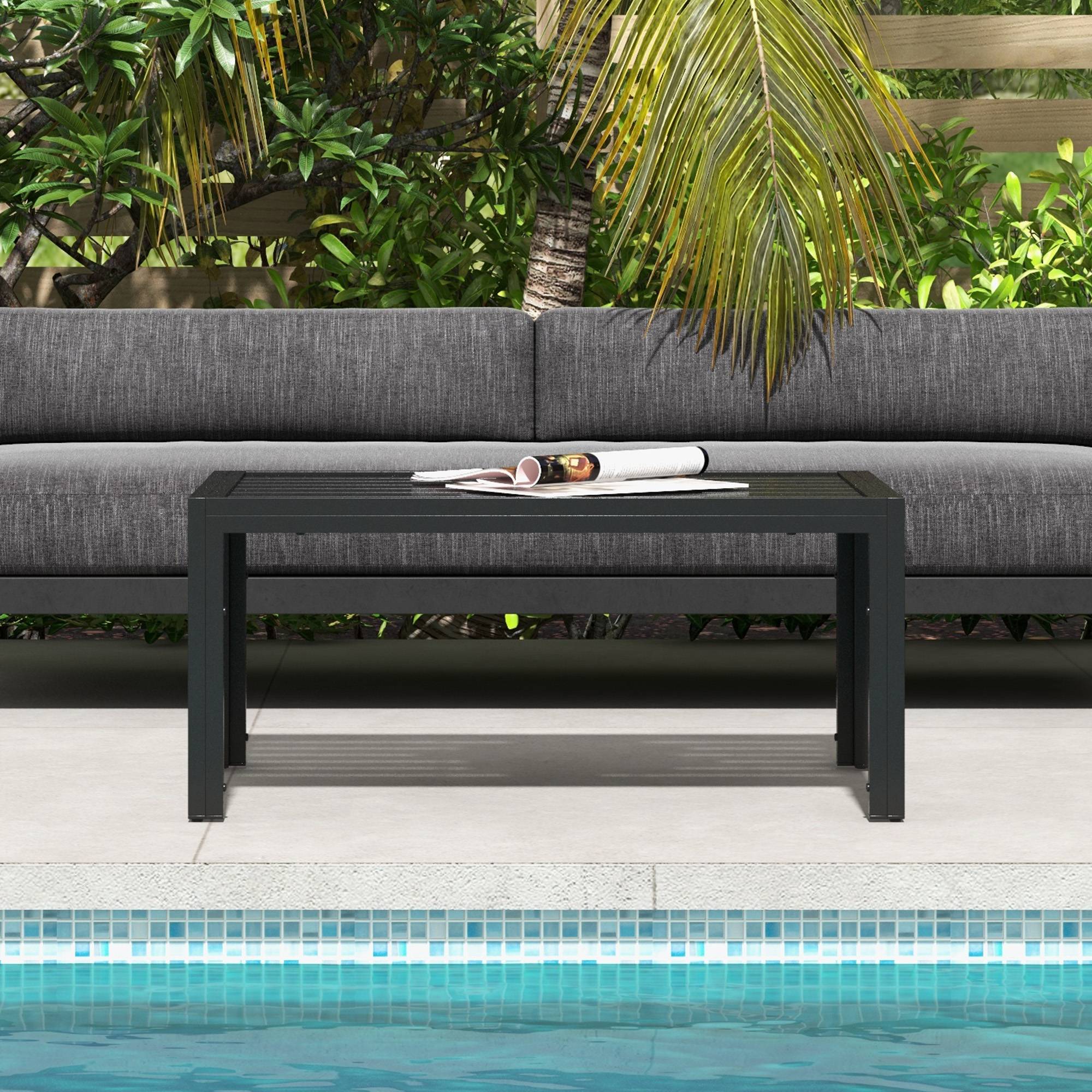 Table basse rectangulaire acier jardin patio plateau à lattes évacuation d'eau - ComfortXL Outdoor Living - Image 8