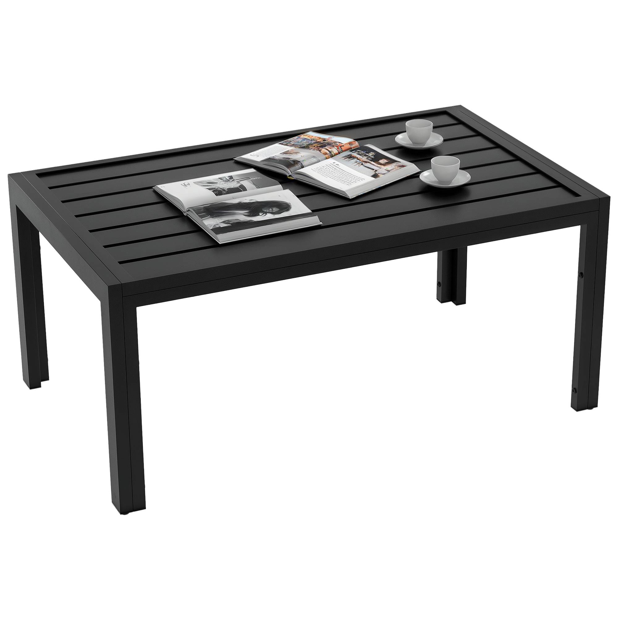 Table basse rectangulaire acier jardin patio plateau à lattes évacuation d'eau - ComfortXL Outdoor Living - Image 1