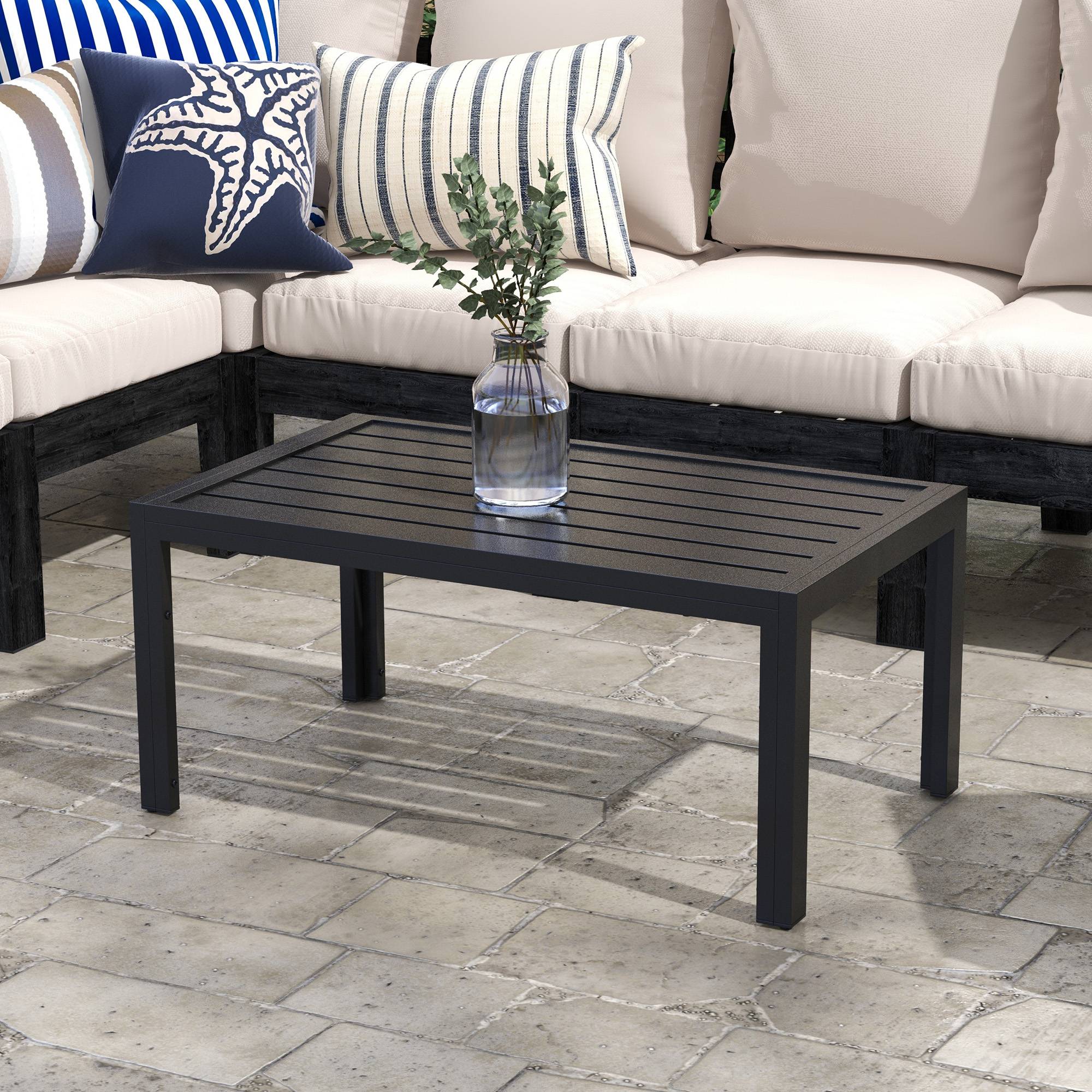 Table basse rectangulaire acier jardin patio plateau à lattes évacuation d'eau - ComfortXL Outdoor Living - Image 4