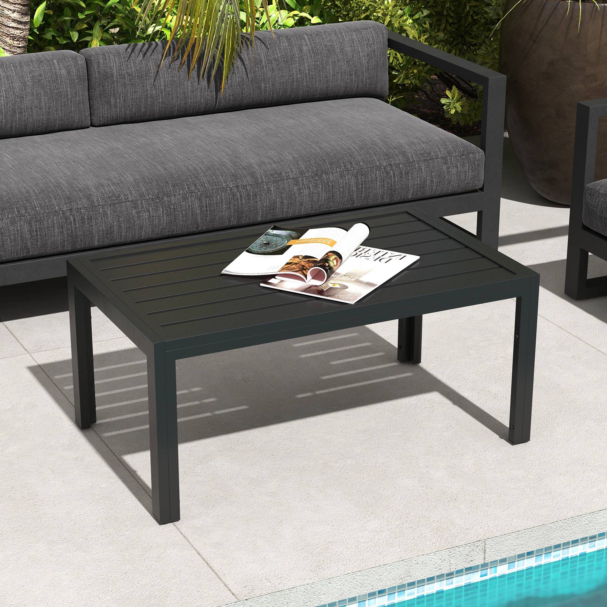Table basse rectangulaire acier jardin patio plateau à lattes évacuation d'eau - ComfortXL Outdoor Living - Image 3
