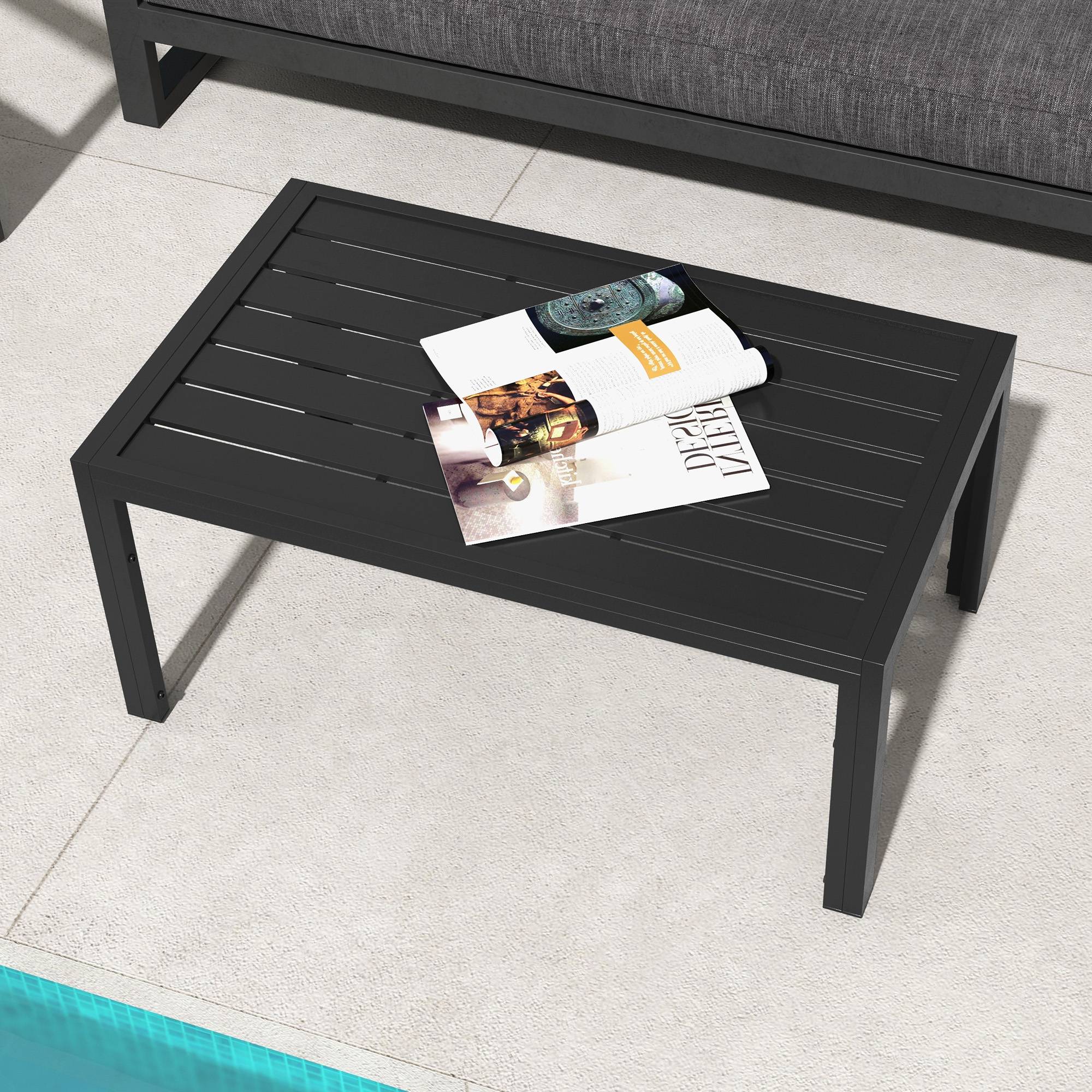Table basse rectangulaire acier jardin patio plateau à lattes évacuation d'eau - ComfortXL Outdoor Living - Image 9