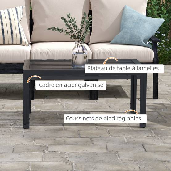 Table basse rectangulaire acier jardin patio plateau à lattes évacuation d'eau - ComfortXL Outdoor Living - Image 6
