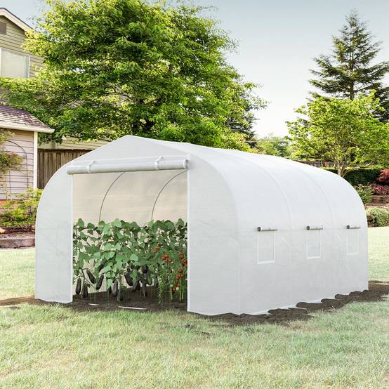 Serre de jardin serre tunnel de Jardin dim. 3,5L x 3l x 2H m Porte + 6 fenêtres enroulables Acier galvanisé bâche PE Haute densité Blanc - Image 4