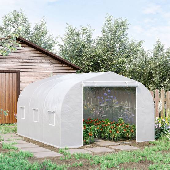 Serre de jardin serre tunnel de Jardin dim. 3,5L x 3l x 2H m Porte + 6 fenêtres enroulables Acier galvanisé bâche PE Haute densité Blanc - Image 3