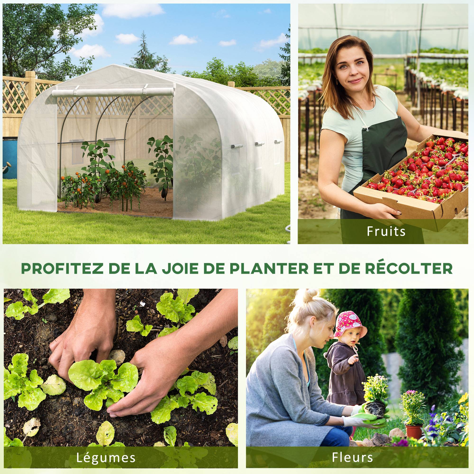 Serre de jardin serre tunnel de Jardin dim. 3,5L x 3l x 2H m Porte + 6 fenêtres enroulables Acier galvanisé bâche PE Haute densité Blanc - Image 8