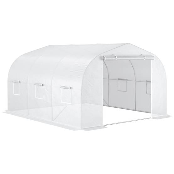 Serre de jardin serre tunnel de Jardin dim. 3,5L x 3l x 2H m Porte + 6 fenêtres enroulables Acier galvanisé bâche PE Haute densité Blanc - Image 1