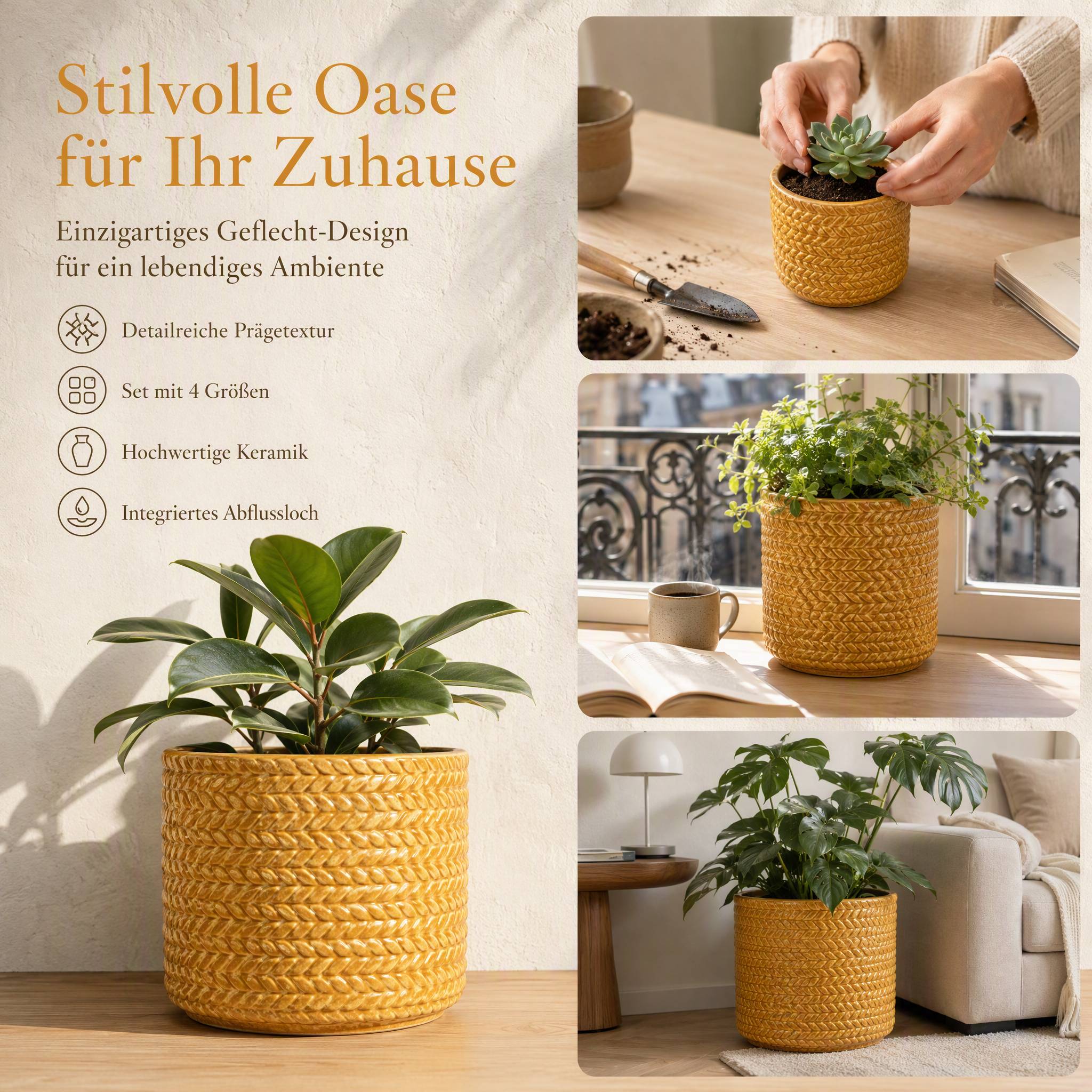 ComfortXL - Pot de fleurs en céramique jaune blé Ø37 x H31 cm intérieur extérieur relief géométrique drainage pour plantes - Image 7