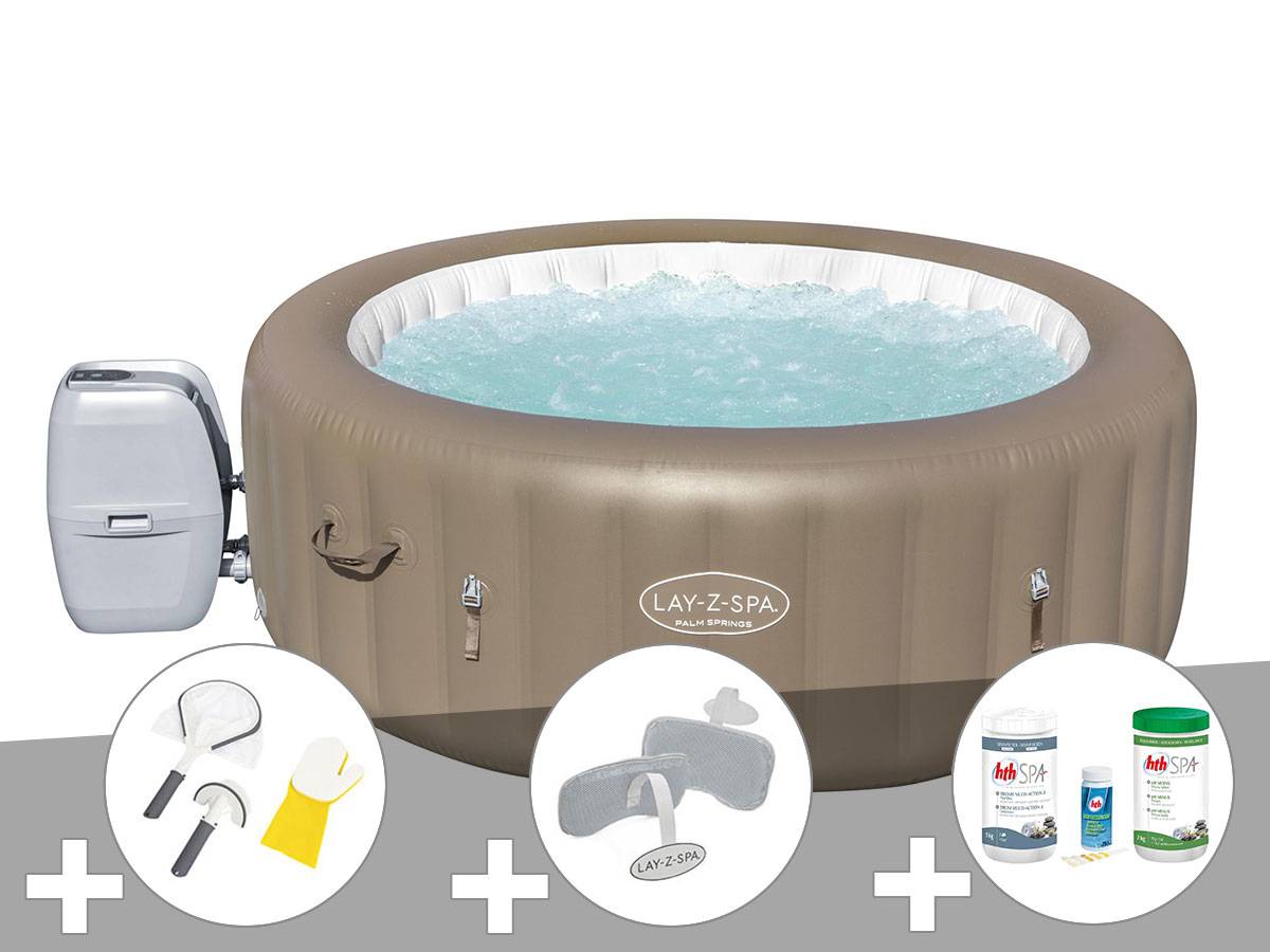 Bestway - Kit spa gonflable Bestway Lay-Z-Spa Palm Springs rond Airjet 4/6 places + Kit traitement brome + 2 appuie-têtes + Kit de nettoyage