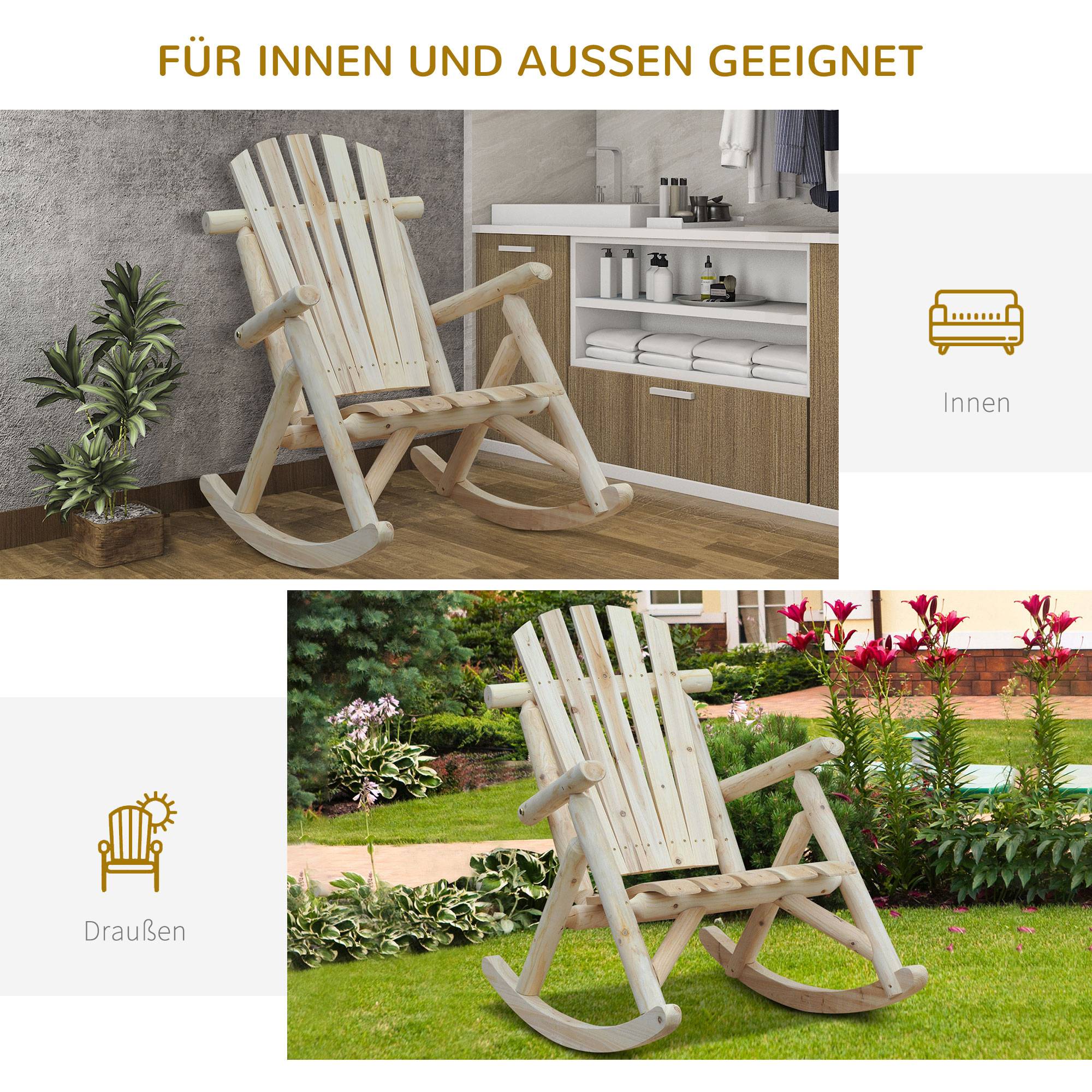 Fauteuil à bascule en bois naturel, dossier haut résistant aux intempéries, capacité 113 kg, pour salon, jardin et balcon - Image 7