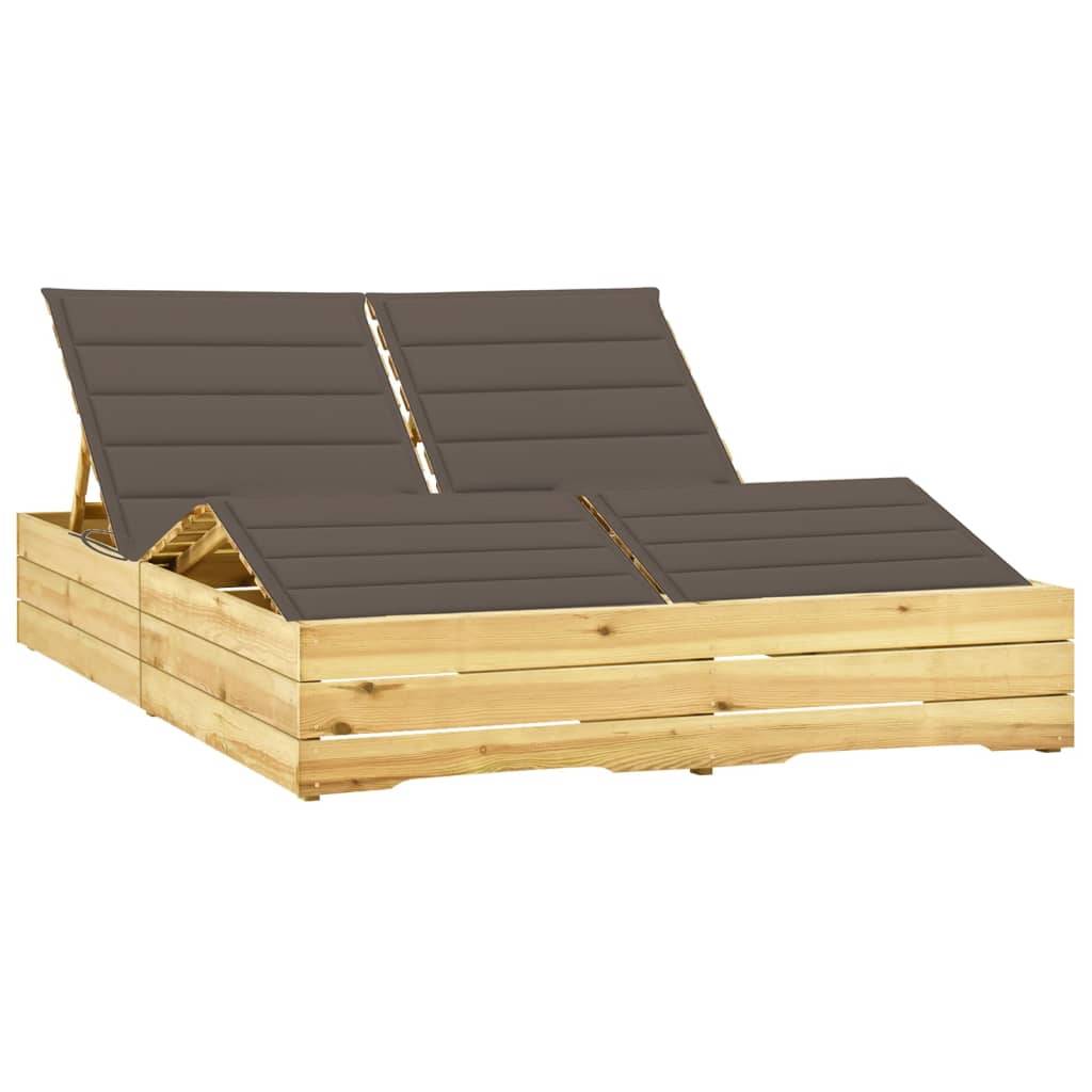 Helloshop26 - Transat chaise longue bain de soleil lit de jardin terrasse meuble d'extérieur double et coussins 198 x 135 x (30-75) cm taupe bois de pin imprégné - Imagen 1