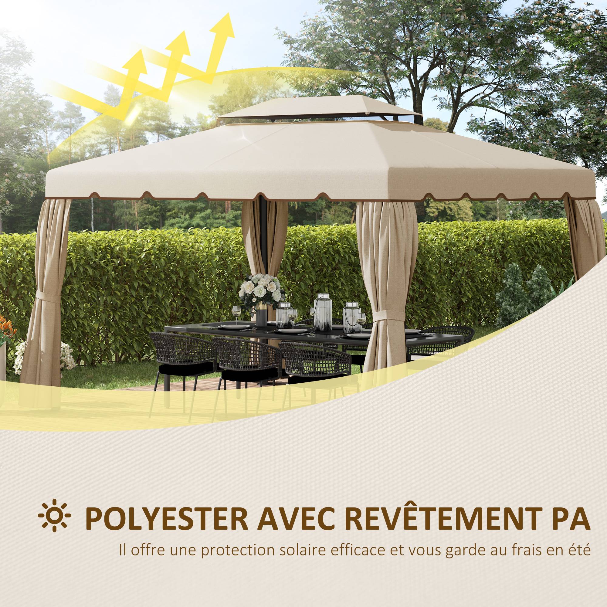 Outsunny - Toile de rechange 4x3m toit de remplacement pour pavillon tonnelle tente jardin tissu polyester 170g/m² beige - Outsunny - Image 4