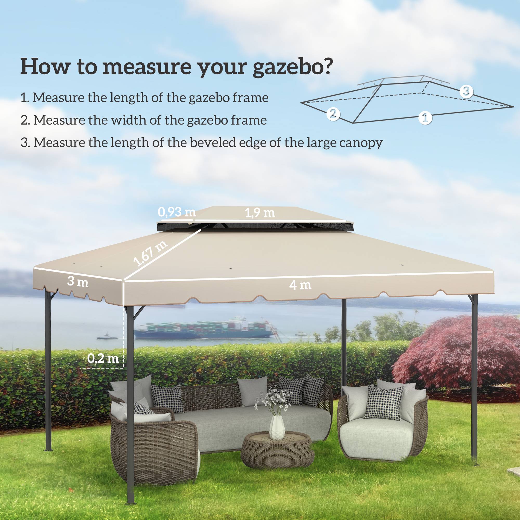 Outsunny - Toile de rechange 4x3m toit de remplacement pour pavillon tonnelle tente jardin tissu polyester 170g/m² beige - Outsunny - Image 3
