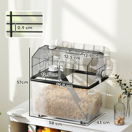 Cage Acier Plastique Hamsters Nains 2 Niveaux Sur Roulettes 58x43x57cm Noir - ComfortXL Outdoor Living - Image 5
