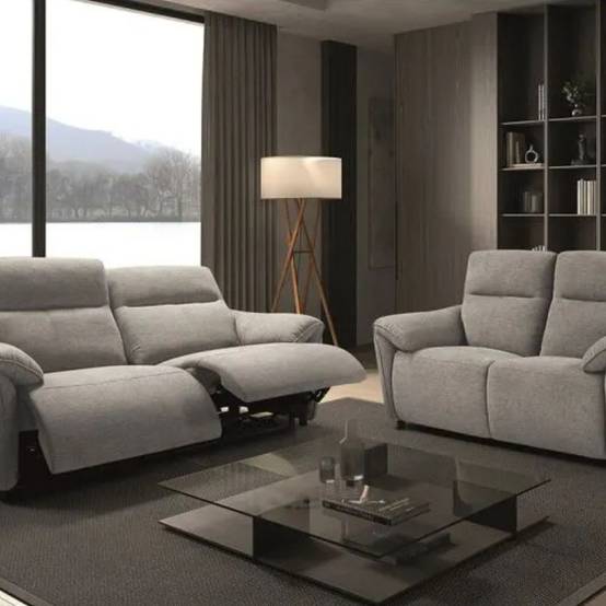 Canapés 3 Places Relax Electrique + 2 Places Fixe Tissu Gris Chiné - MAZARO - Image 2