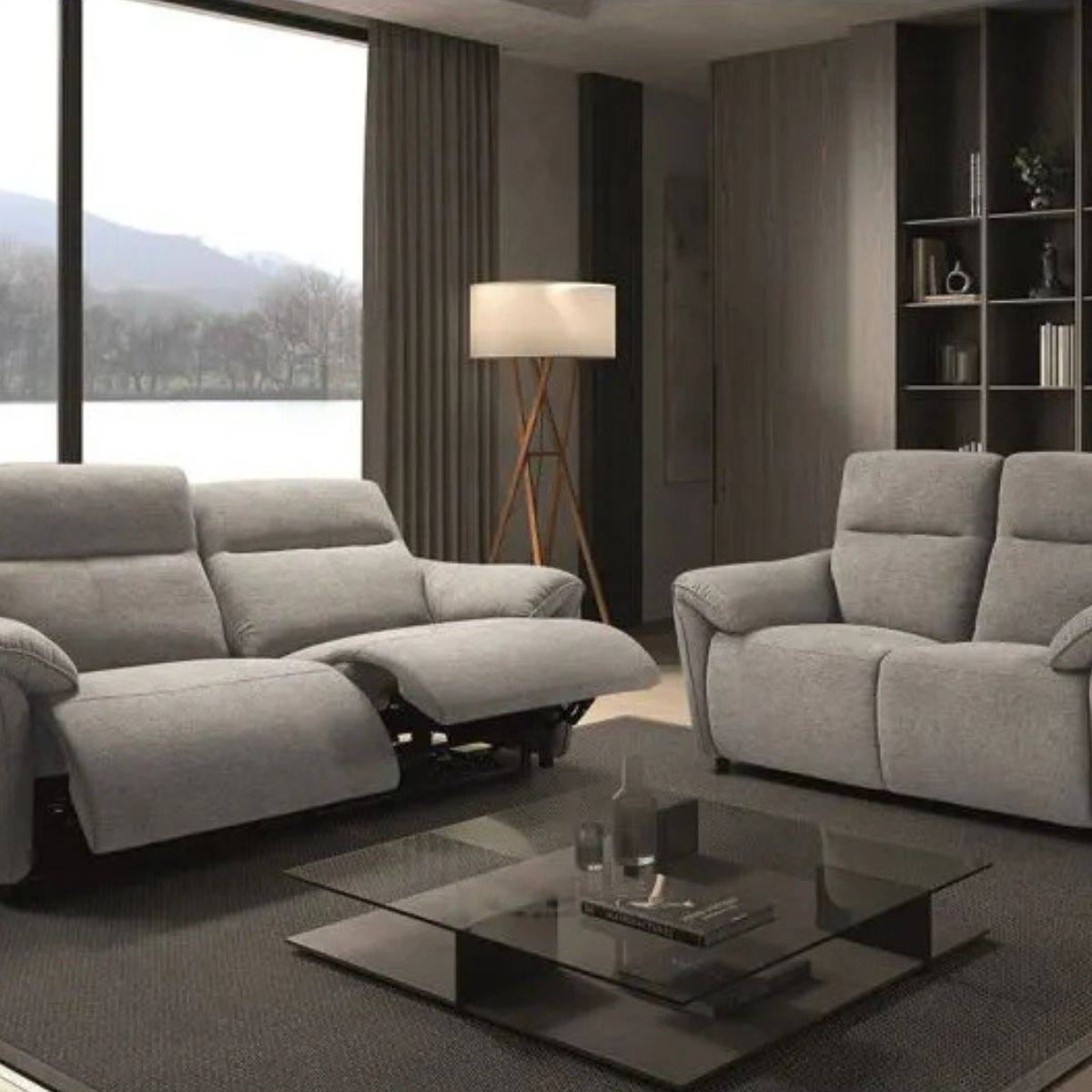 Canapés 3 Places Relax Electrique + 2 Places Fixe Tissu Gris Chiné - MAZARO - Image 2