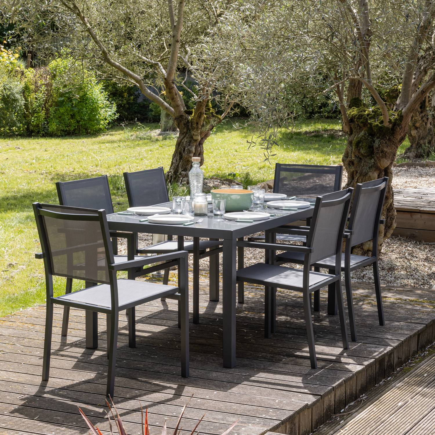 Happy Garden - Salon de jardin BERGAMO en textilène gris 6 places - aluminium anthracite - HAPPY GARDEN - Imagen 2
