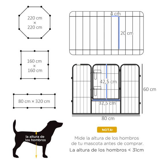 Parc pour chien à 8 panneaux (80 x 60 cm) de forme personnalisable, porte à cadre en acier et 8 ancrages au sol, noir - Image 5