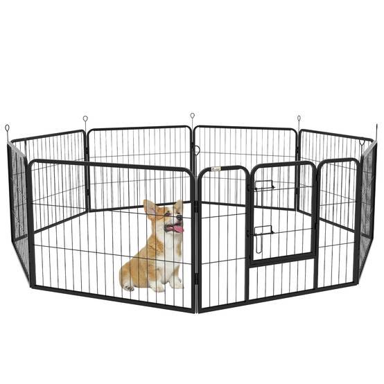 Parc pour chien à 8 panneaux (80 x 60 cm) de forme personnalisable, porte à cadre en acier et 8 ancrages au sol, noir - Image 1