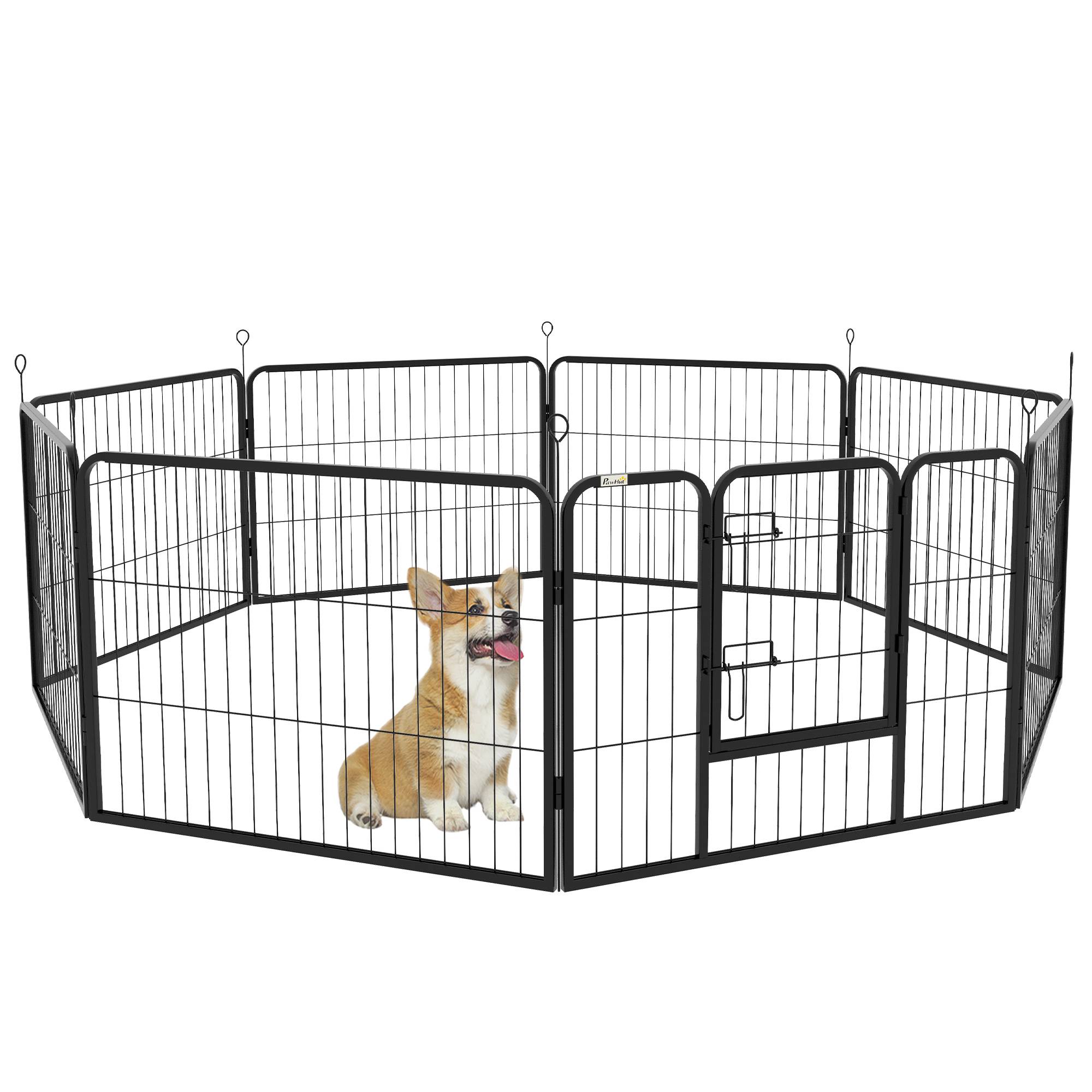 Parc pour chien à 8 panneaux (80 x 60 cm) de forme personnalisable, porte à cadre en acier et 8 ancrages au sol, noir - Image 1