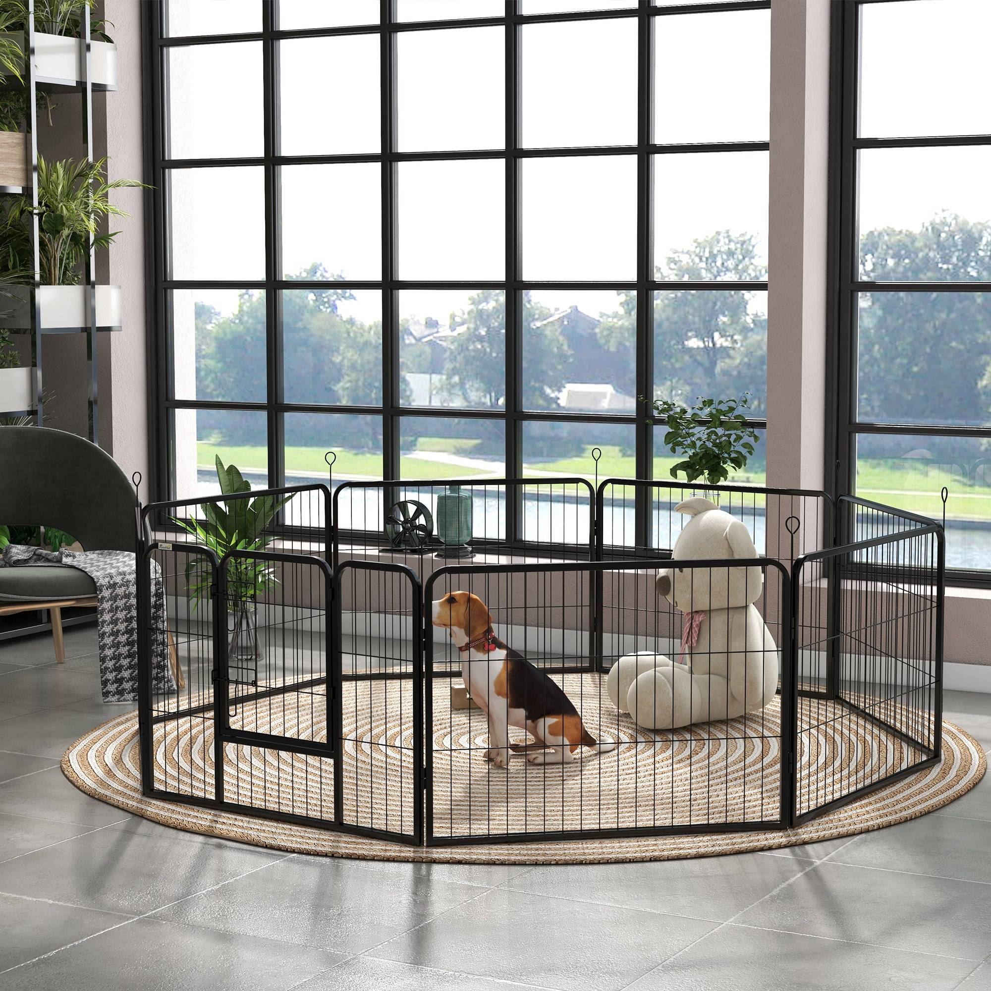 Parc pour chien à 8 panneaux (80 x 60 cm) de forme personnalisable, porte à cadre en acier et 8 ancrages au sol, noir - Image 4