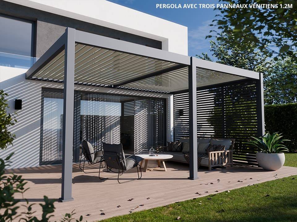Pergola Bioclimatique Aluminium Adossée 19m² - 3,6x5,3 - Panneaux Vénitiens - Anthracite - 34 lames en Aluminium a 120 degrés - Imagen 1