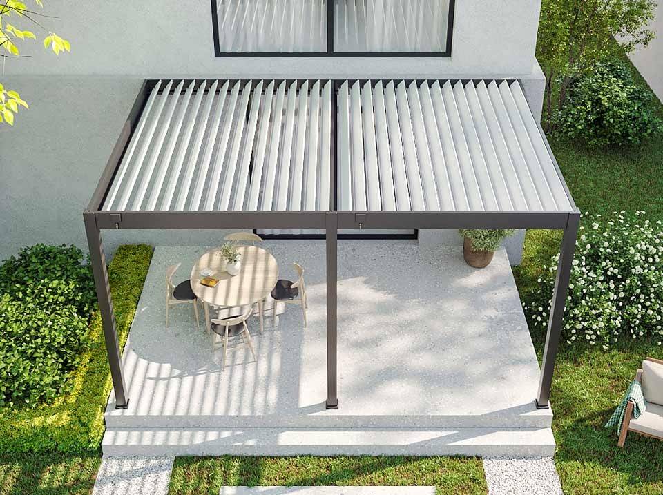 Pergola Bioclimatique Aluminium Adossée 19m² - 3,6x5,3 - Panneaux Vénitiens - Anthracite - 34 lames en Aluminium a 120 degrés - Imagen 2