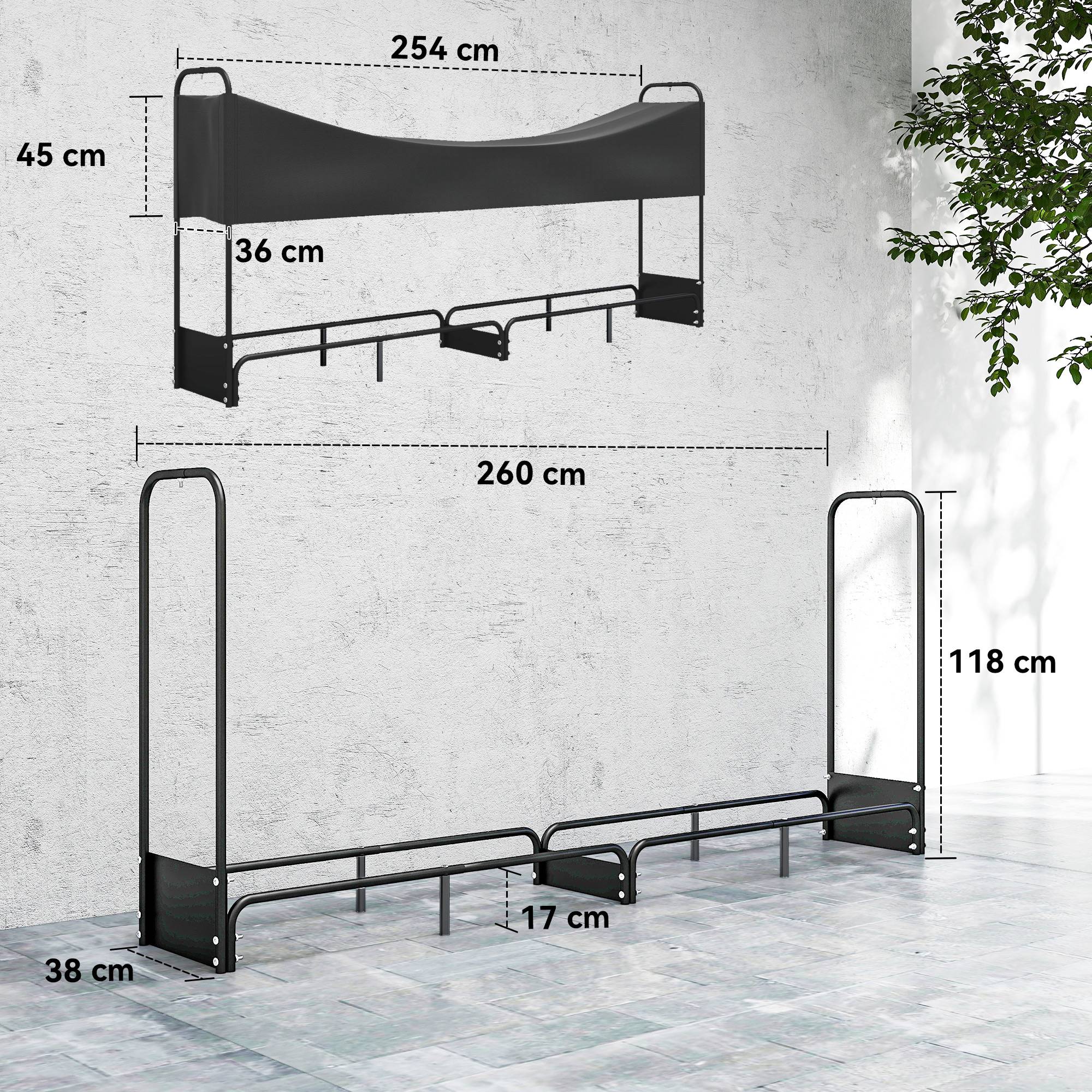 Range bûches extérieur, abri bois de chauffage couverture imperméable 600D Oxford charge 300 kg 260 x 38 x 118 cm noir - Image 5