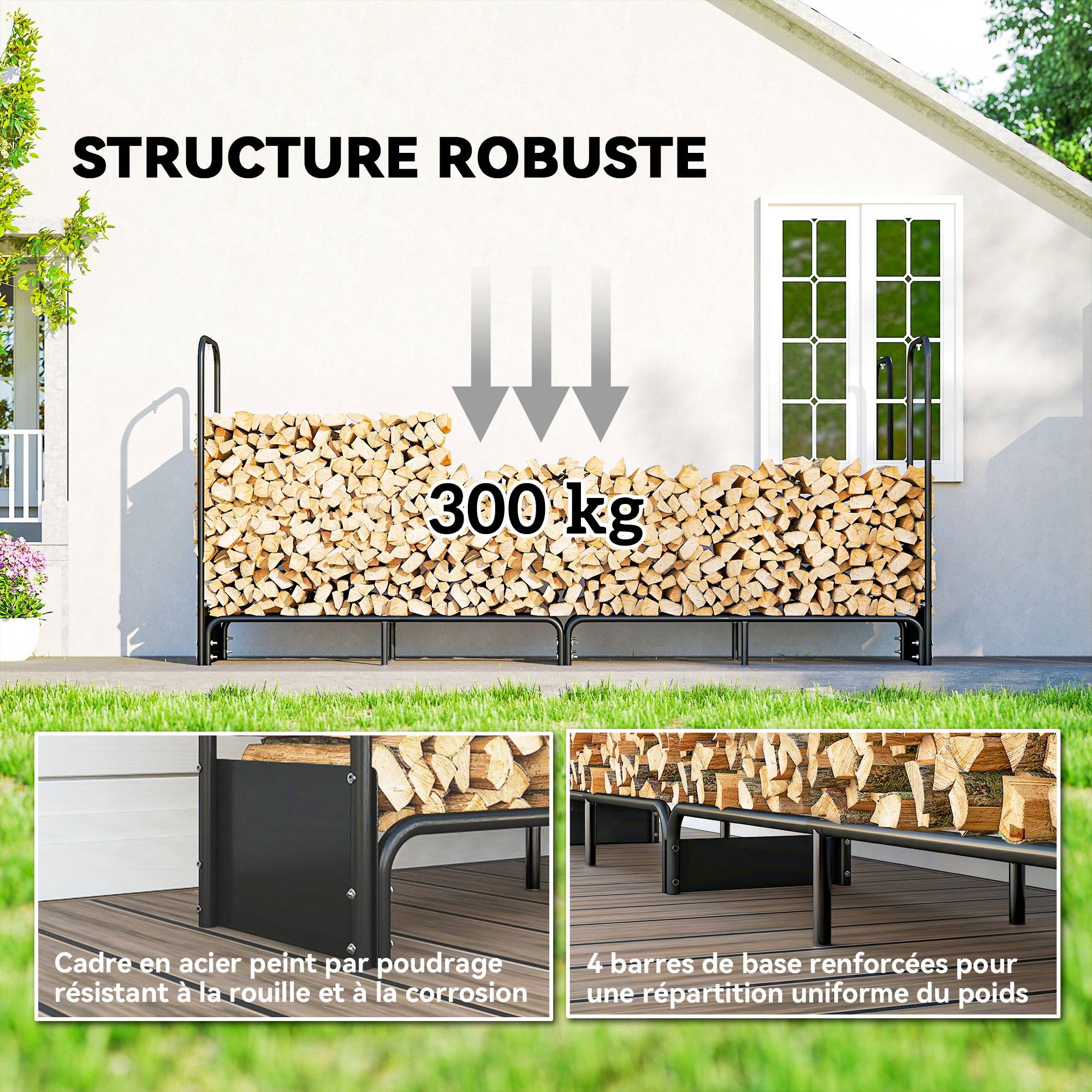 Range bûches extérieur, abri bois de chauffage couverture imperméable 600D Oxford charge 300 kg 260 x 38 x 118 cm noir - Image 6