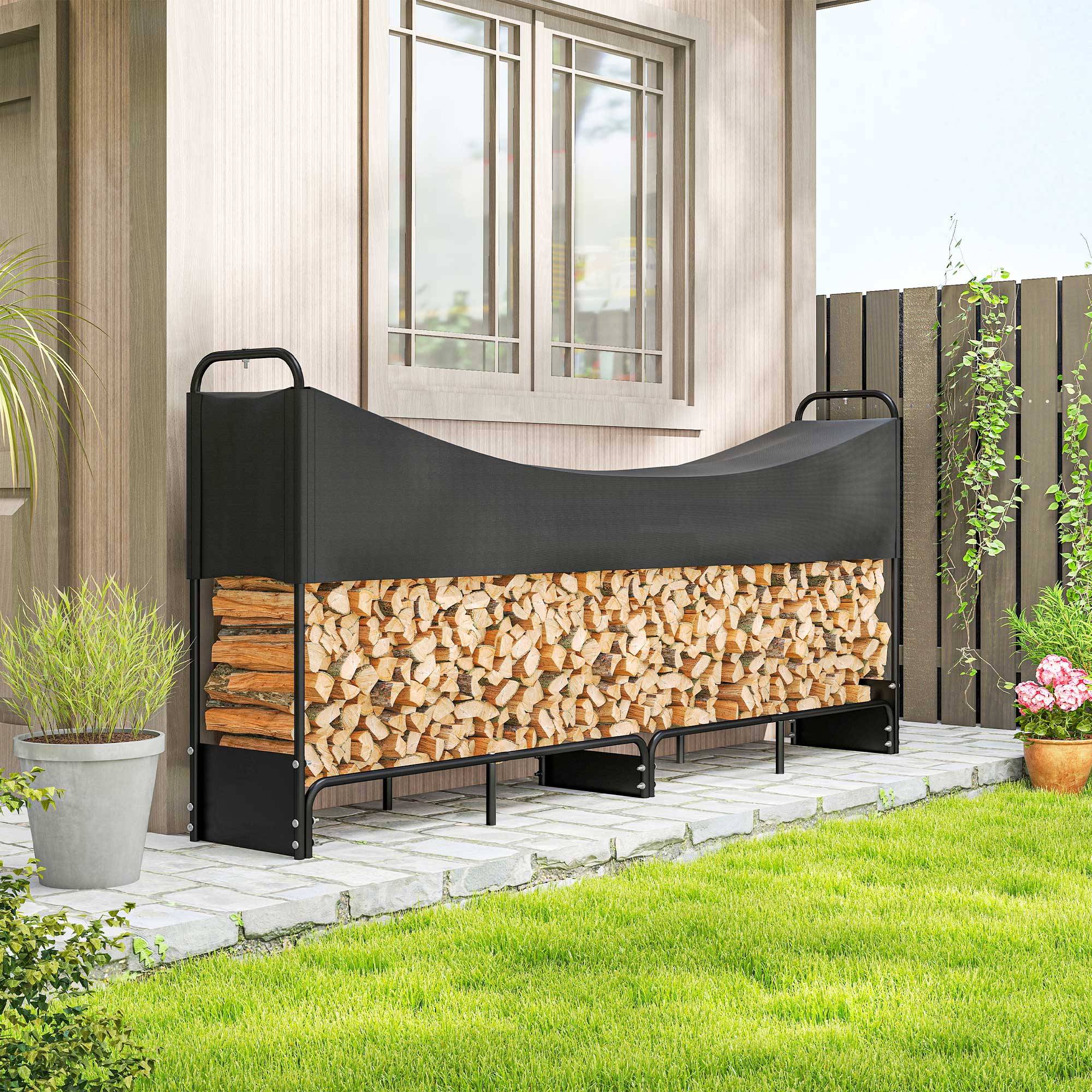 Range bûches extérieur, abri bois de chauffage couverture imperméable 600D Oxford charge 300 kg 260 x 38 x 118 cm noir - Image 4