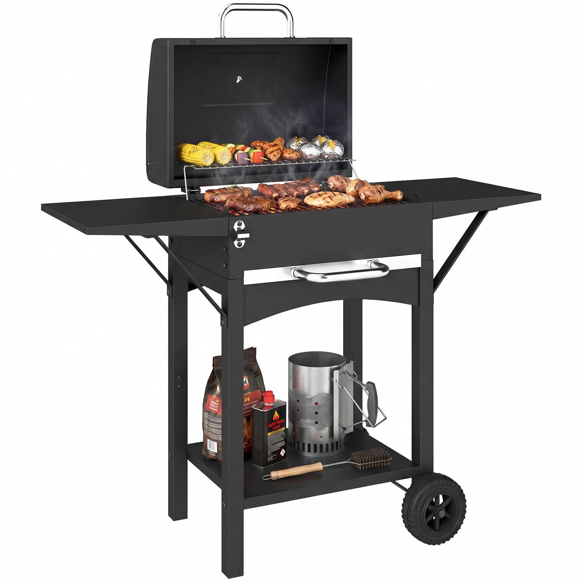 Barbecue au charbon de bois avec 2 étagères latérales, thermomètre, couvercle et roulettes, 110 x 46,5 x 101 cm, noir - Image 1