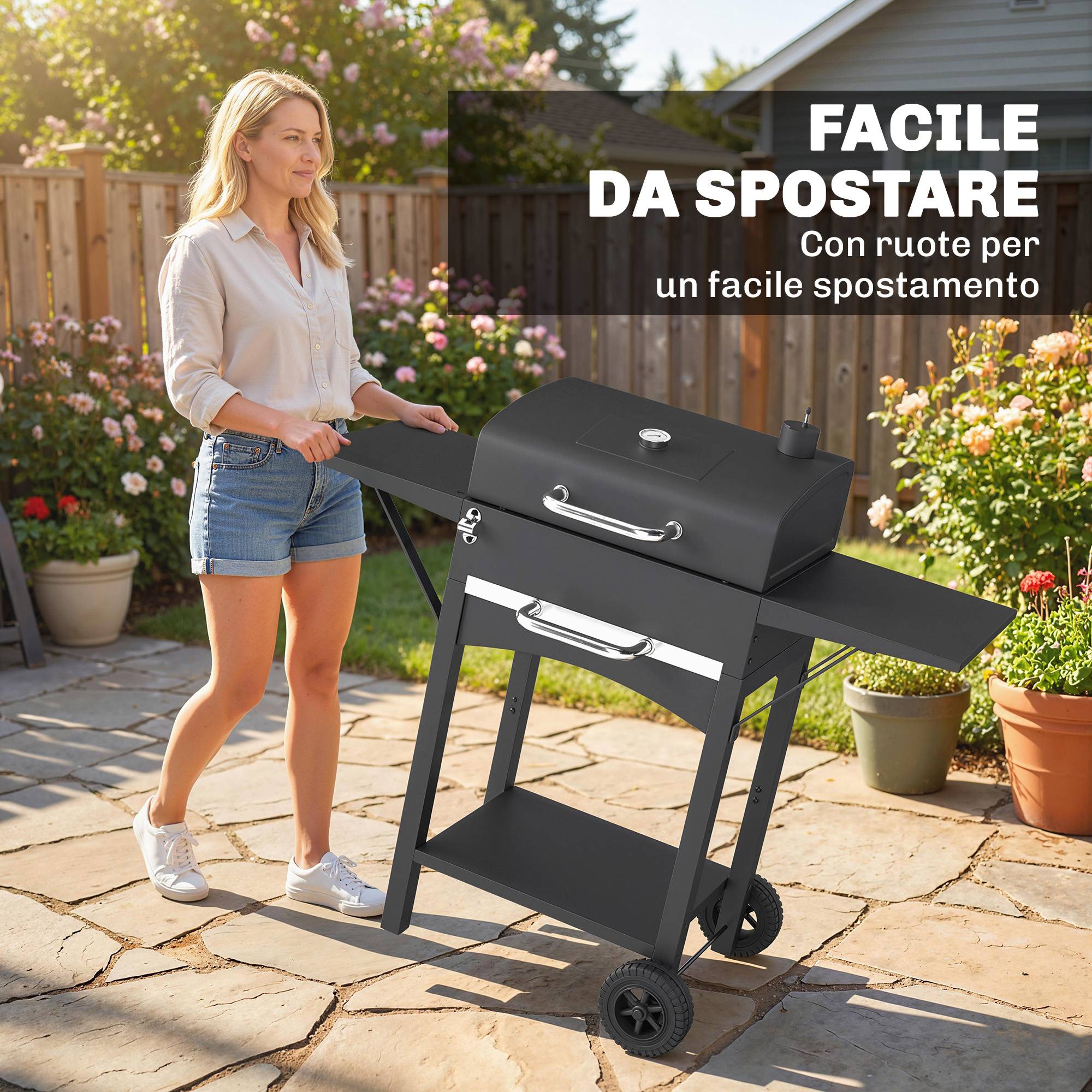 Barbecue au charbon de bois avec 2 étagères latérales, thermomètre, couvercle et roulettes, 110 x 46,5 x 101 cm, noir - Image 9