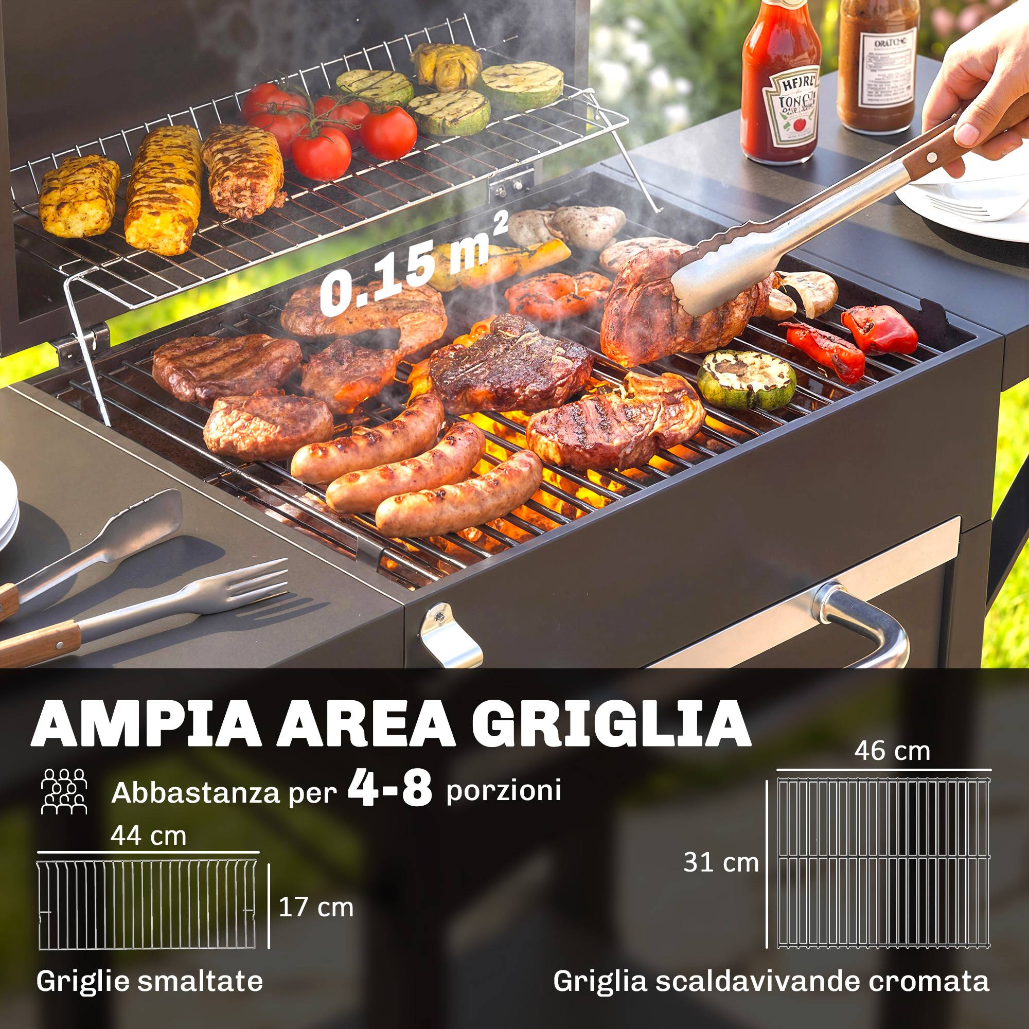 Barbecue au charbon de bois avec 2 étagères latérales, thermomètre, couvercle et roulettes, 110 x 46,5 x 101 cm, noir - Image 6