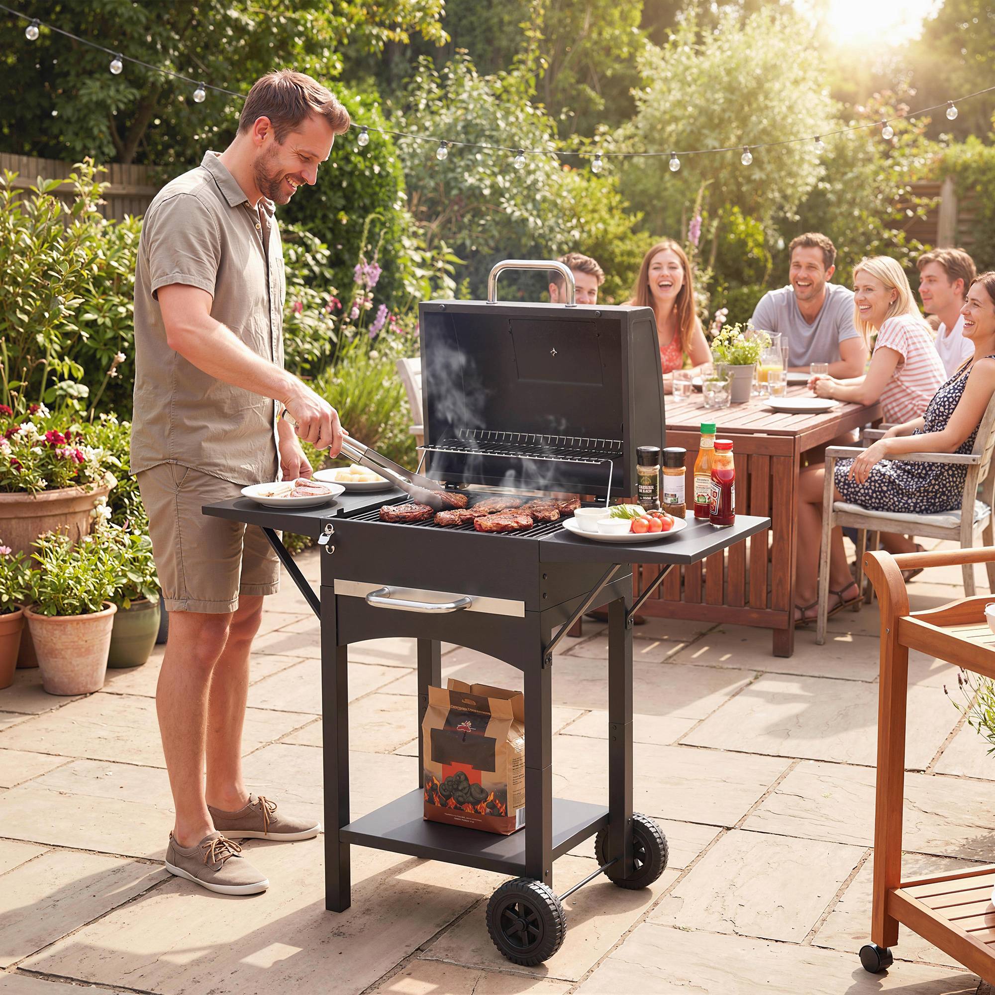 Barbecue au charbon de bois avec 2 étagères latérales, thermomètre, couvercle et roulettes, 110 x 46,5 x 101 cm, noir - Image 3