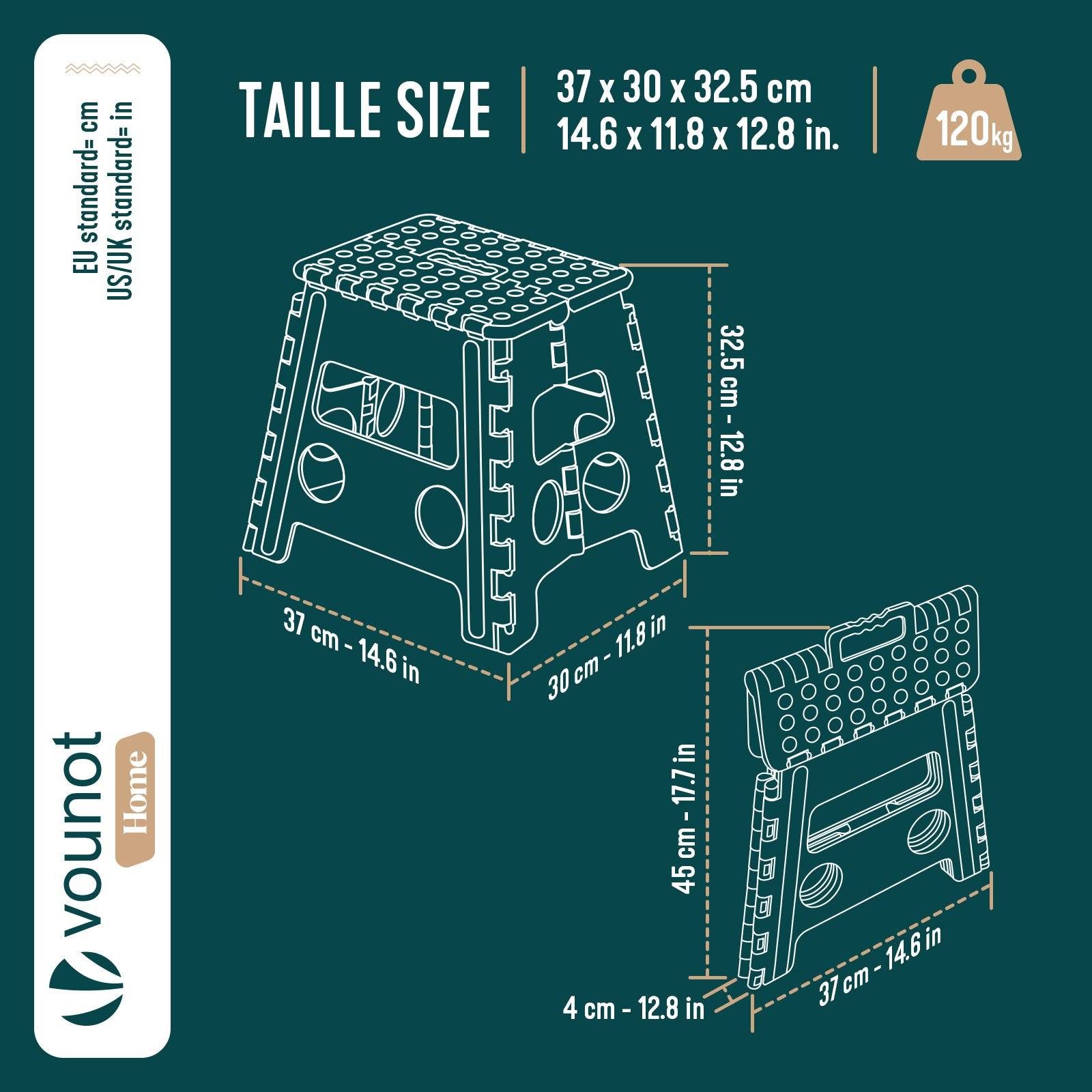 Tabouret pliant portable 37x30x32.5 cm - Marchepied pliable antidérapant avec poignée - Plastique - Noir - VOUNOT® - Image 3