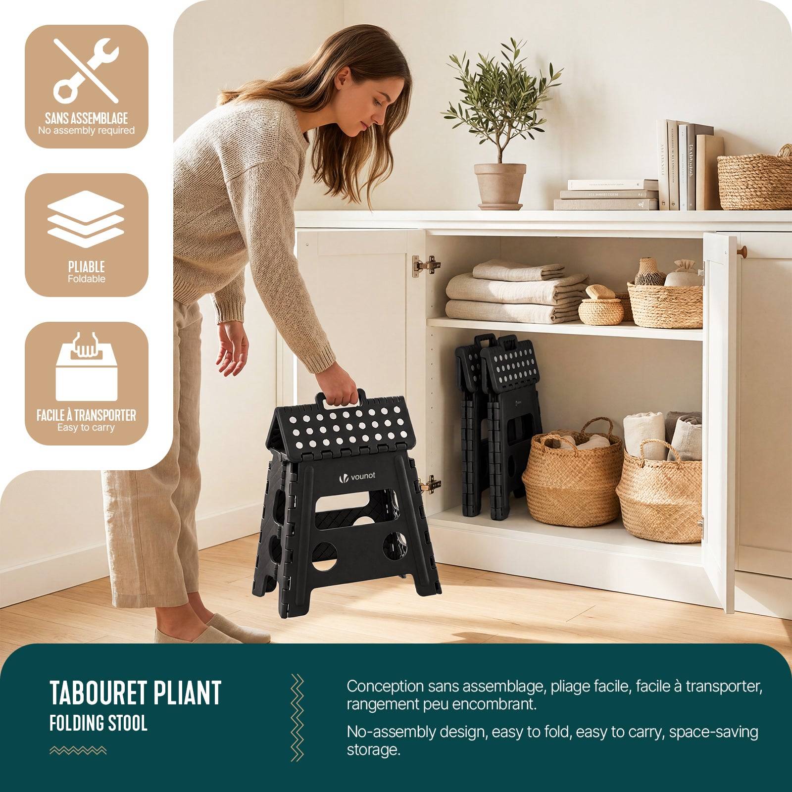 Tabouret pliant portable 37x30x32.5 cm - Marchepied pliable antidérapant avec poignée - Plastique - Noir - VOUNOT® - Image 5