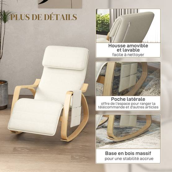 Sans Marque - Fauteuil relax à bascule fauteuil allaitement avec repose-pieds réglable, poche latérale et appui-tête, blanc crème - Image 8