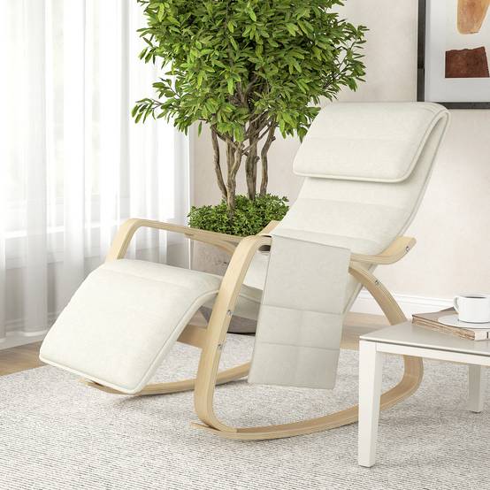 Sans Marque - Fauteuil relax à bascule fauteuil allaitement avec repose-pieds réglable, poche latérale et appui-tête, blanc crème - Image 9