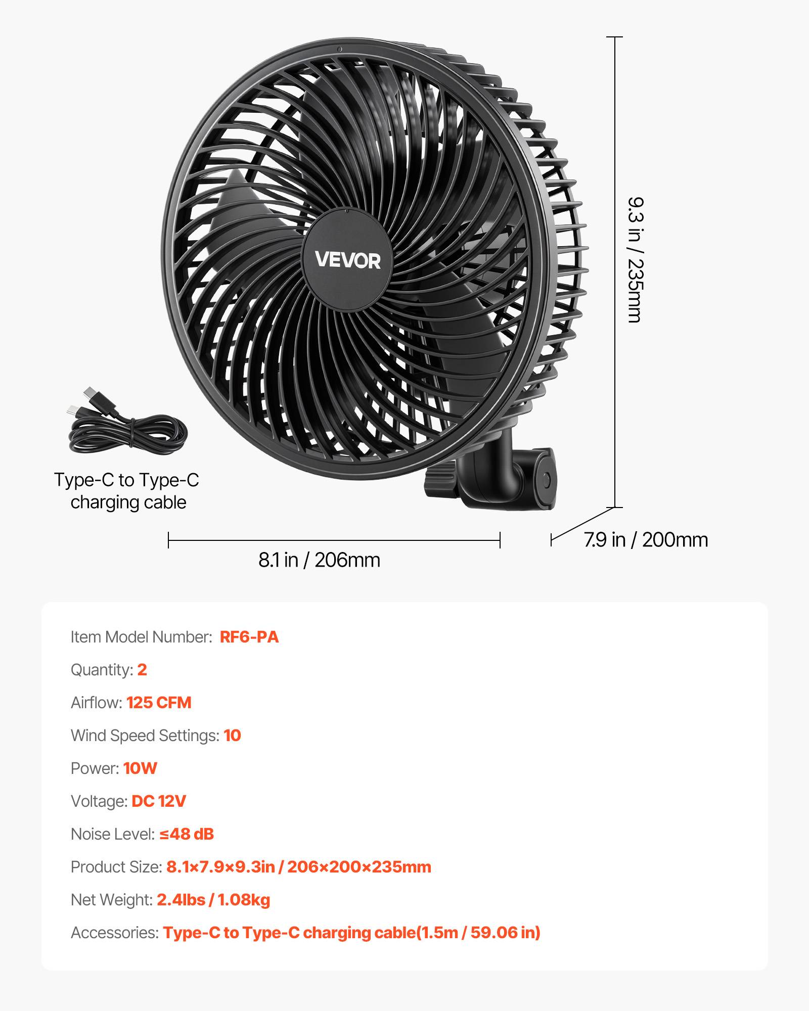 Vevor - VEVOR Ventilateur de Culture à Pince Oscillant USB-C 9 Vitesses Noir Lot de 2 - Image 7