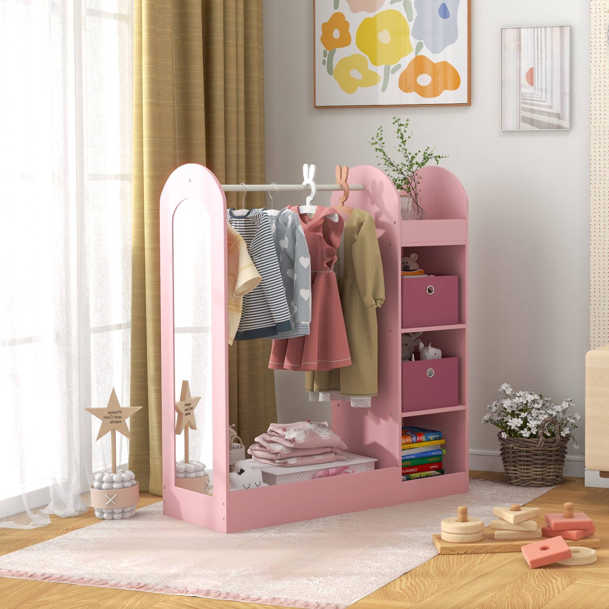 Sans Marque - Porte-manteau pour enfants avec étagères, boîtes et miroir en bois, rose - Image 4