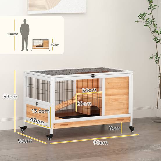 Clapier intérieur compact sur roulettes bois lapin toit ouvrant 90x53x59cm jaune - ComfortXL Outdoor Living - Image 5