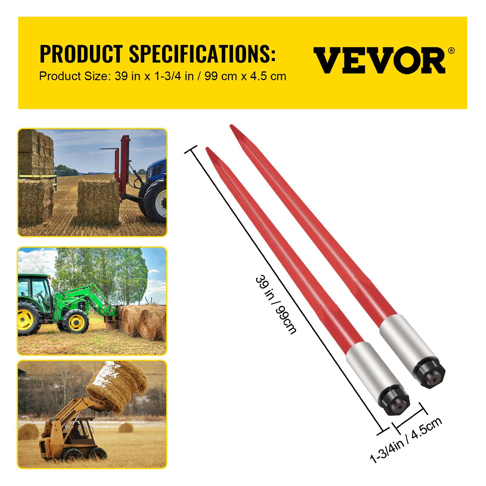 VEVOR Lance à foin 99cm, lot de 2. Pointe fixation rapide, capacité 1360kg, fourches revêtement rouge. Chargeurs. - Image 7
