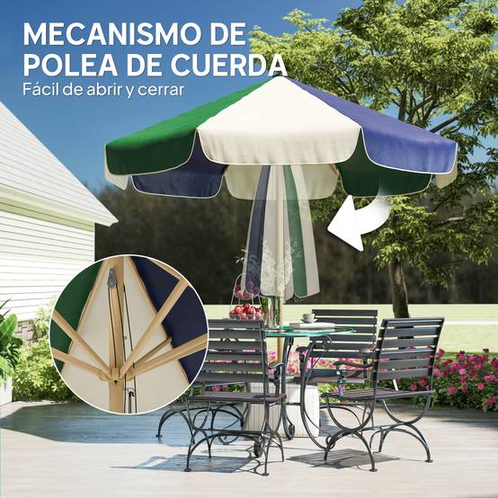 Parasol de terrasse extérieur Ø 2,3 m avec structure effet bois, poulie et corde, toile bicolore, protection UPF 30+, vert foncé - Image 9
