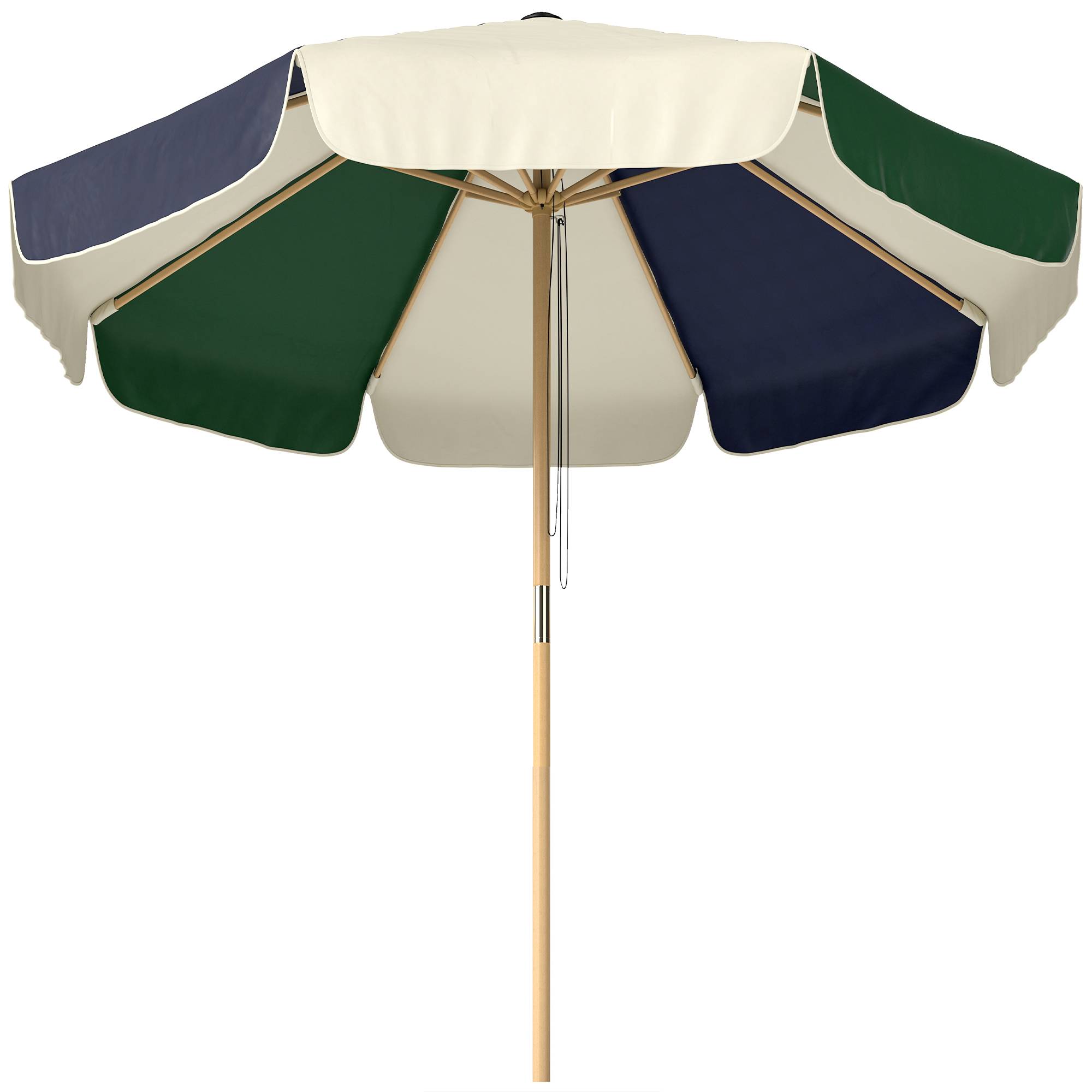 Parasol de terrasse extérieur Ø 2,3 m avec structure effet bois, poulie et corde, toile bicolore, protection UPF 30+, vert foncé - Image 1