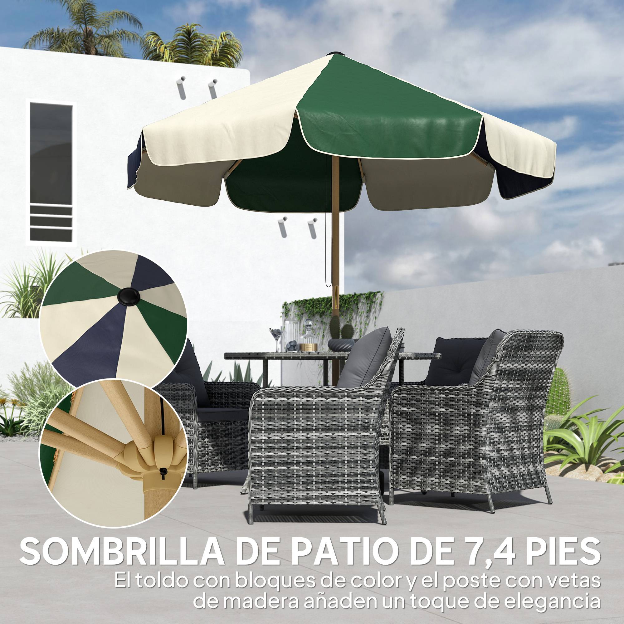 Parasol de terrasse extérieur Ø 2,3 m avec structure effet bois, poulie et corde, toile bicolore, protection UPF 30+, vert foncé - Image 6