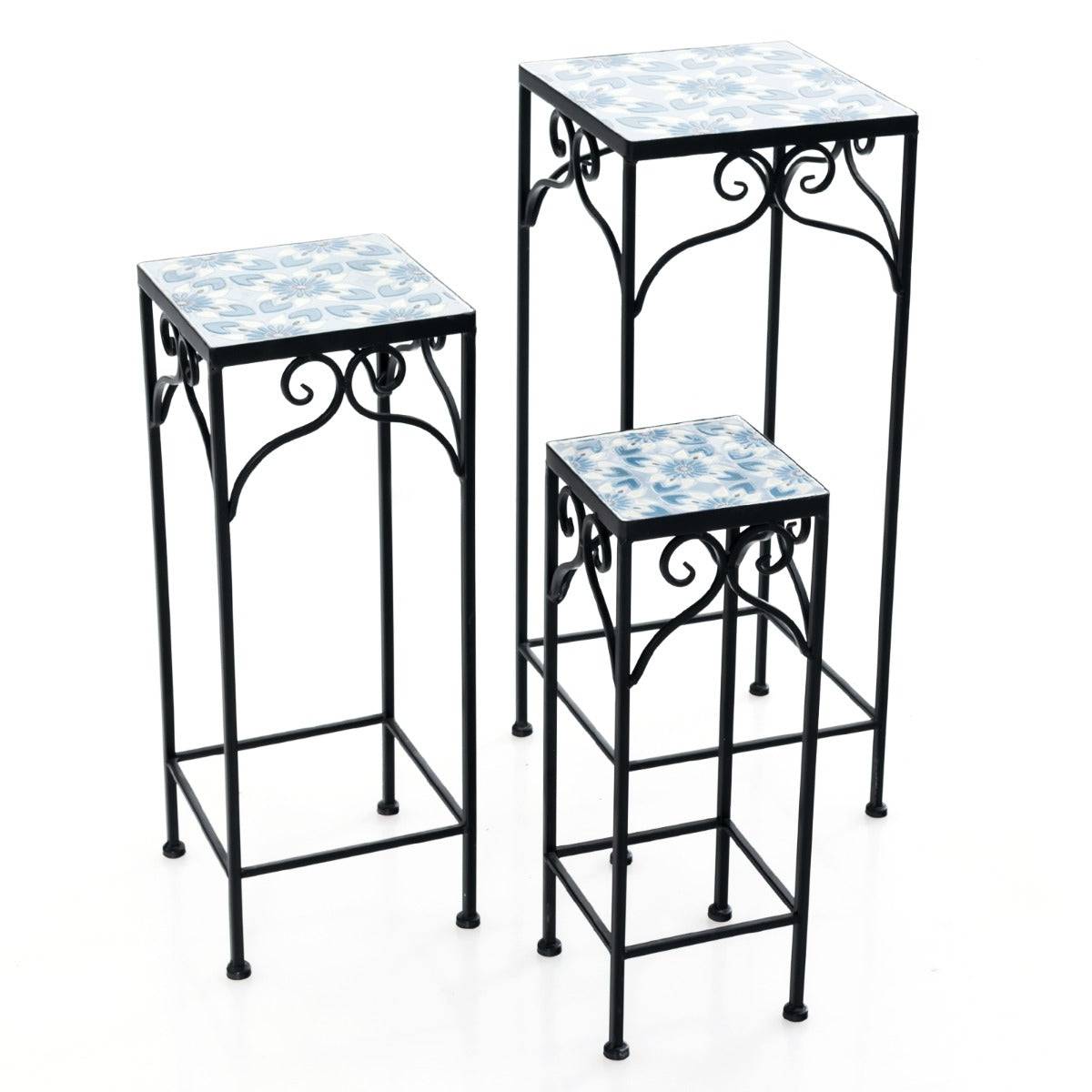 Helloshop26 - Lot de 3 supports pots de fleurs plateau en céramique à motifs mosaïque patin antidérapant porte plante en métal bleu - Imagen 1