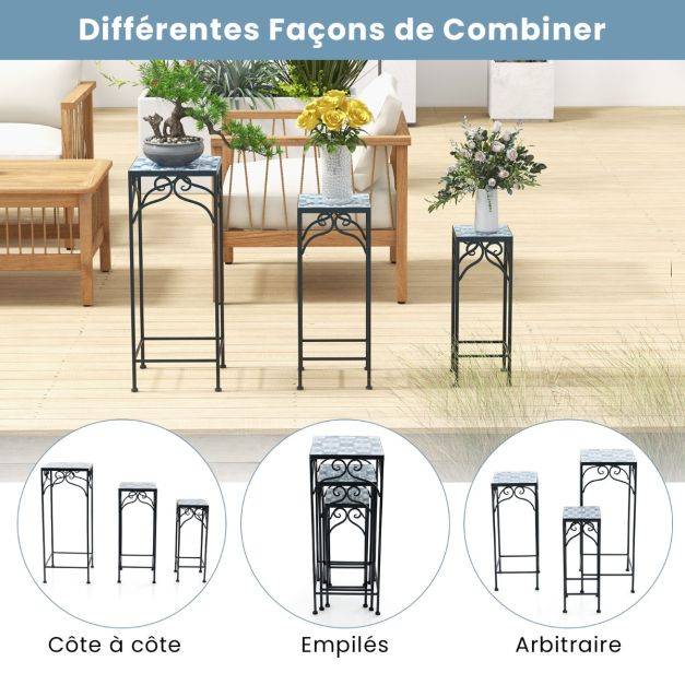 Helloshop26 - Lot de 3 supports pots de fleurs plateau en céramique à motifs mosaïque patin antidérapant porte plante en métal bleu - Imagen 3
