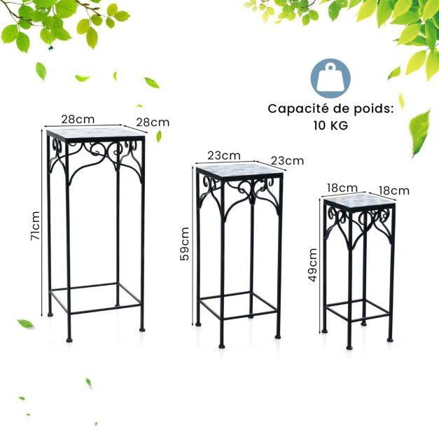 Helloshop26 - Lot de 3 supports pots de fleurs plateau en céramique à motifs mosaïque patin antidérapant porte plante en métal bleu - Imagen 5