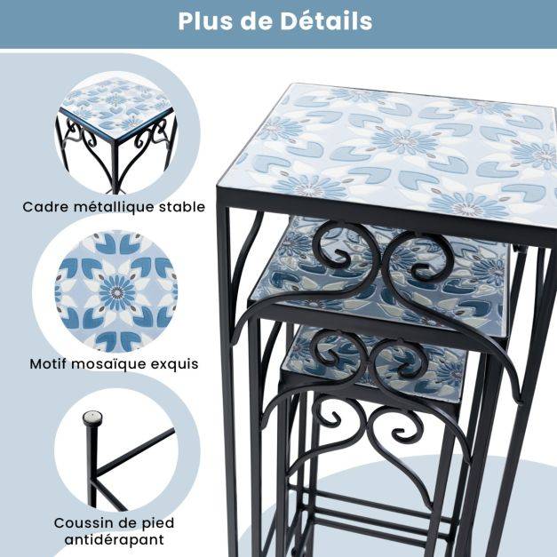 Helloshop26 - Lot de 3 supports pots de fleurs plateau en céramique à motifs mosaïque patin antidérapant porte plante en métal bleu - Imagen 2