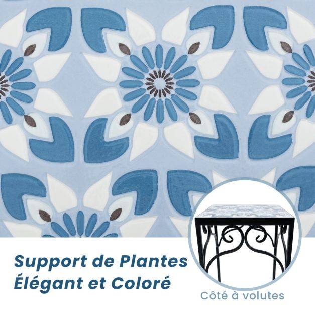 Helloshop26 - Lot de 3 supports pots de fleurs plateau en céramique à motifs mosaïque patin antidérapant porte plante en métal bleu - Imagen 4
